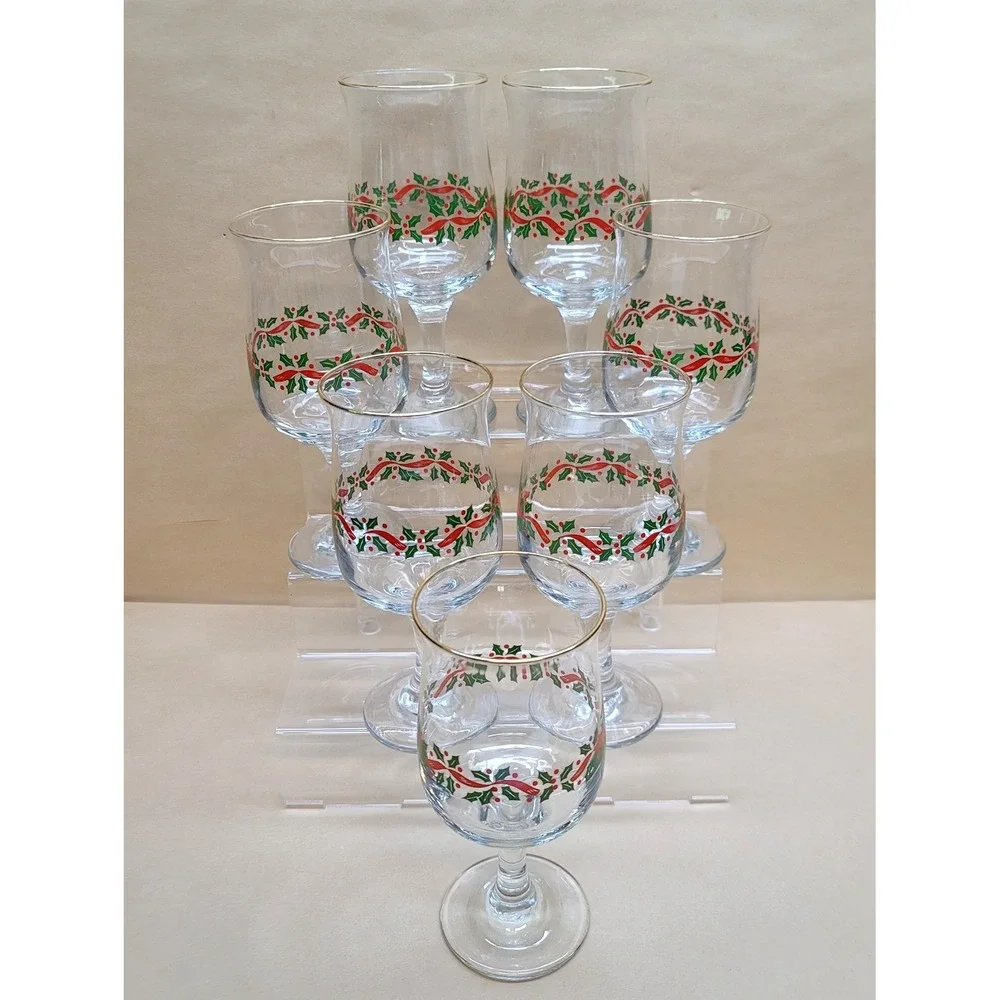 Libbey Christmas Holl/Berry Red Ribbon Gold Rim 7